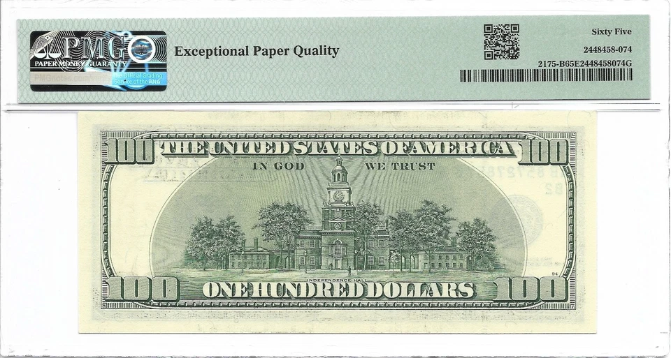 1996 $100 NEW YORK FRN. PMG GEM Uncirculated 65 EPQ Banknote. - Image 2 of 2