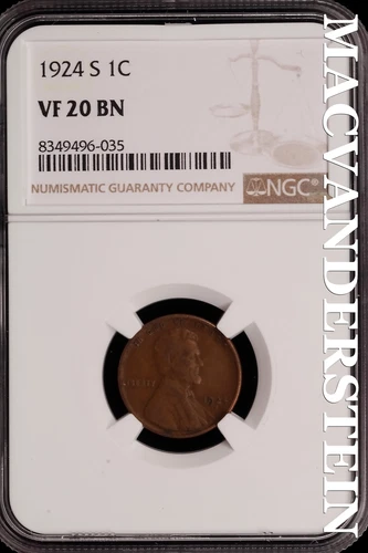 1924-S Lincoln Wheat Cent - NGC VF 20 BN - Scarce  No Reserve  #SLH148