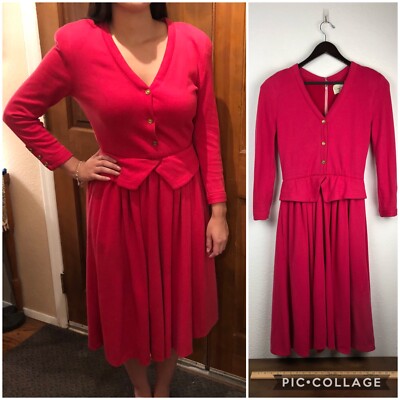 Vintage Oscar de la Renta 80s Deep Pink Knit Long Sleeve Full Skirt Dress Size 8