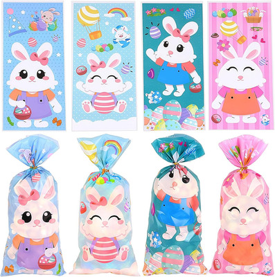 50 Pcs Happy Easter Treat Bags Eggs Plastic Cellophane Gifts Bag Colorful Bunny 