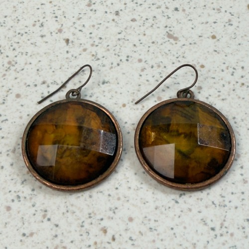 Copper Bronze Brown Mother Of Pearl Faceted Glass 1" Round Earrings - Picture 2 of 5