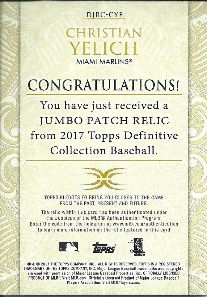 2/15 Christian Yelich 2017 Topps Definitive Game Used JUMBO 3 COLOR PATCH - Image 2 of 2
