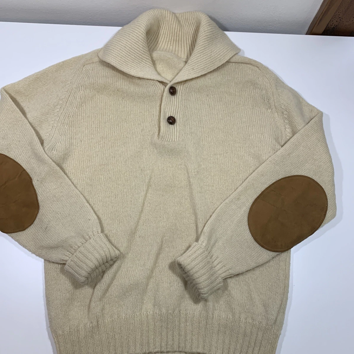 Vintage Unbranded Cream Cowl Neck Pullover Sweater Elbow Patches Men's