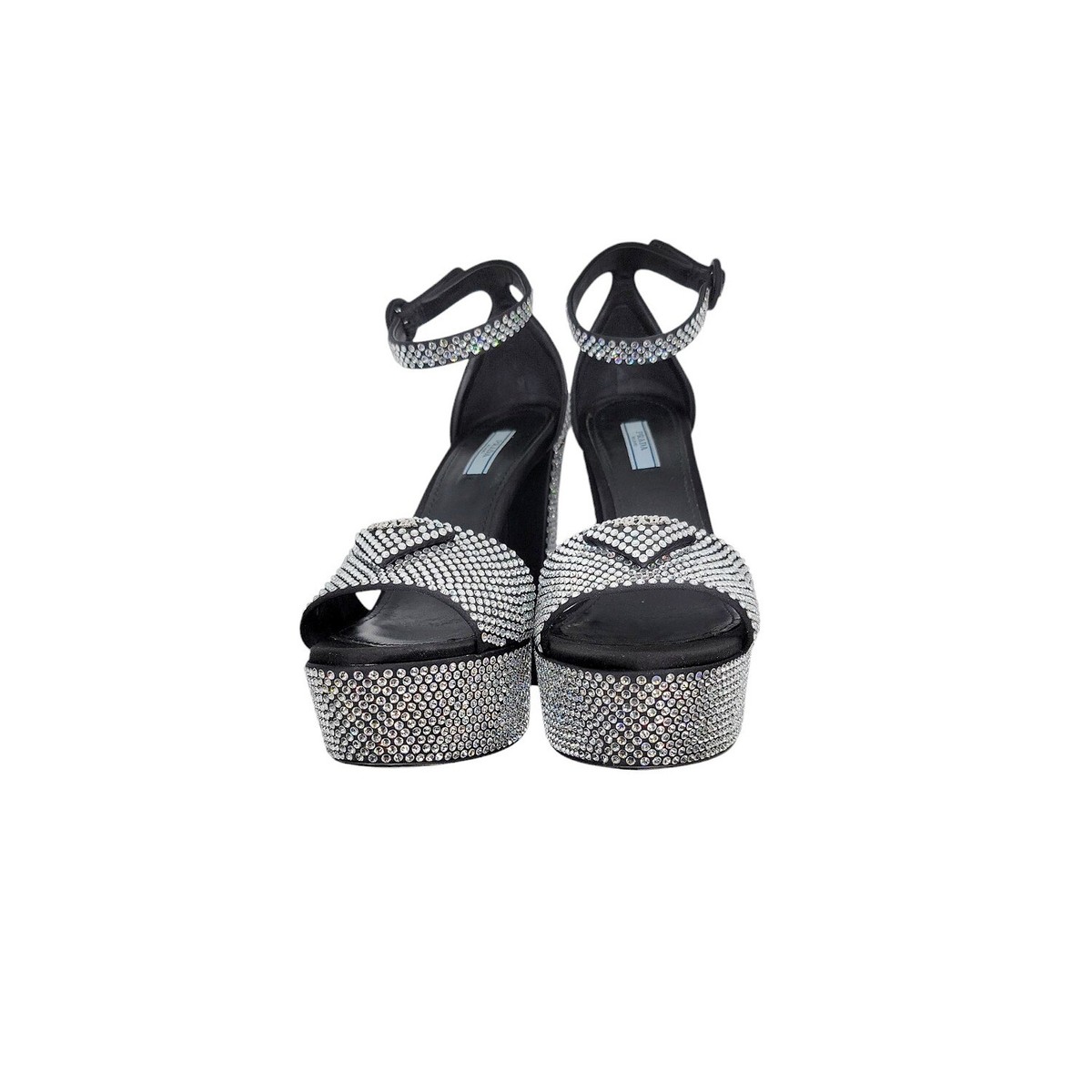 Prada Crystal Satin Platform Sandals with Rhinestones - Sz