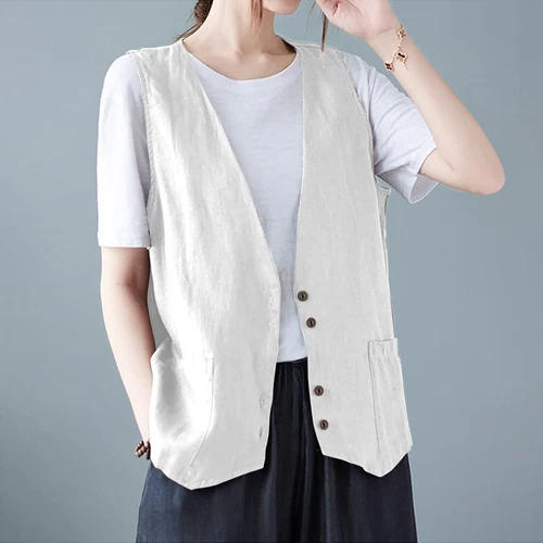 Mujeres Algodón Lino Sin Mangas Chaleco Abrigo Damas Botones Chaleco Informal Camiseta sin Mangas - Imagen 25 de 45