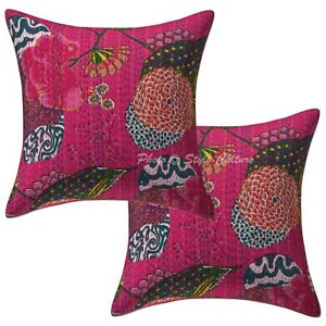 Indian Cushion Cover Art Deco Kantha Dark Pink Cotton Throw Pillow 