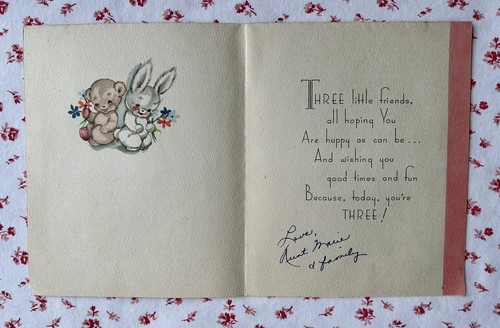 Tarjeta de felicitación vintage de mediados de siglo oso de peluche pato conejo flocado - Imagen 2 de 4