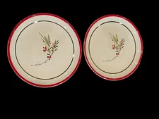 CRATE & BARREL Sprigs Set of 2 Lunch PLATES Green Leaves Red Berries 8.5"