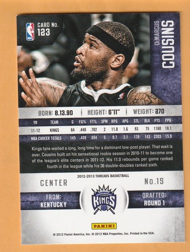 DeMarcus Cousins Sacramento Kings 2012-13 Panini Threads Kentucky Wildcats 13I - Picture 2 of 2