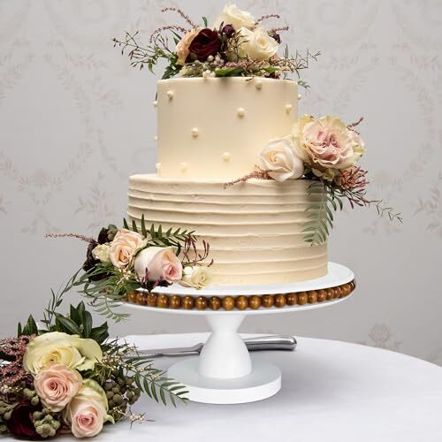 Wood Cake Stand, Cupcake Stand with Pedestal Stand, White R-White+Brown Beads - Picture 2 of 8