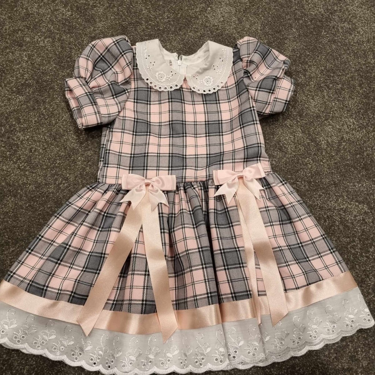 Christmas Pink Tartan Lace Collar Pink Satin Bow Girls Party Dress