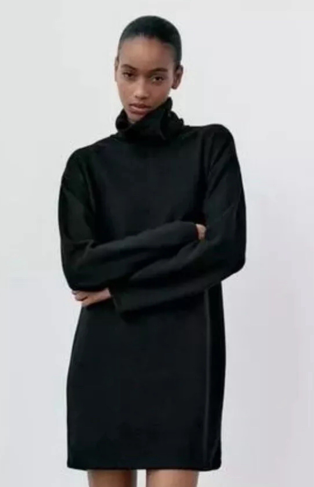 ZARA Small Comfy Soft Roll Neck Short Mini Dress BLACK Long Sleeves Stretch