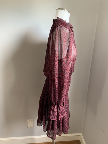 Women’s ZARA Burgundy Sheer Animal Print Mini Dress Long Sleeve Mock Neck Tie S - 第 3/8 張圖片