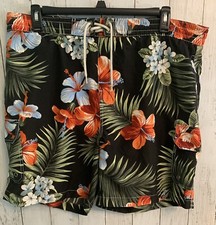 Carribean Joe Mens Swim Trunks Size Large Shorts Black Tropical Drawstring