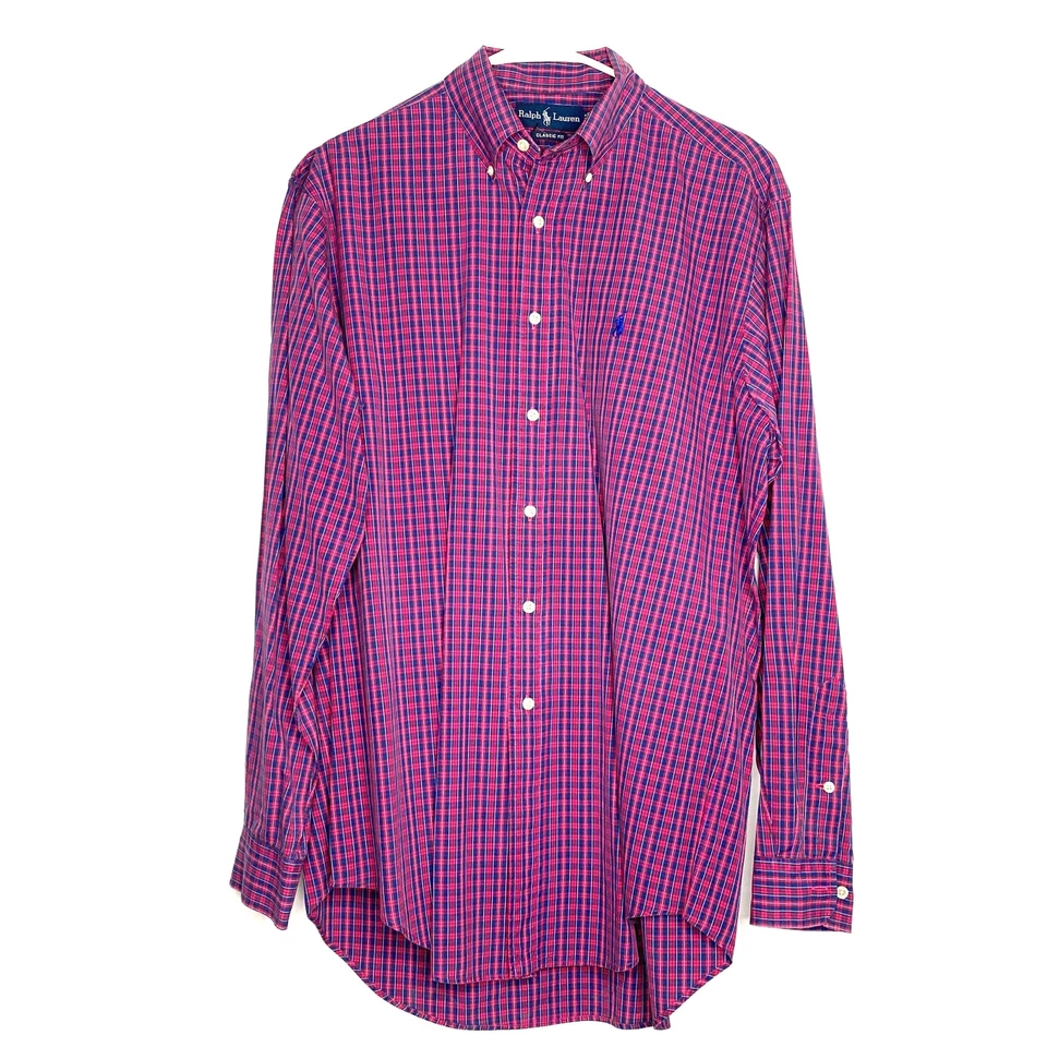 Camisa de vestir Ralph Lauren para hombre calce clásico a cuadros talla 151/2 M rojo azul algodón