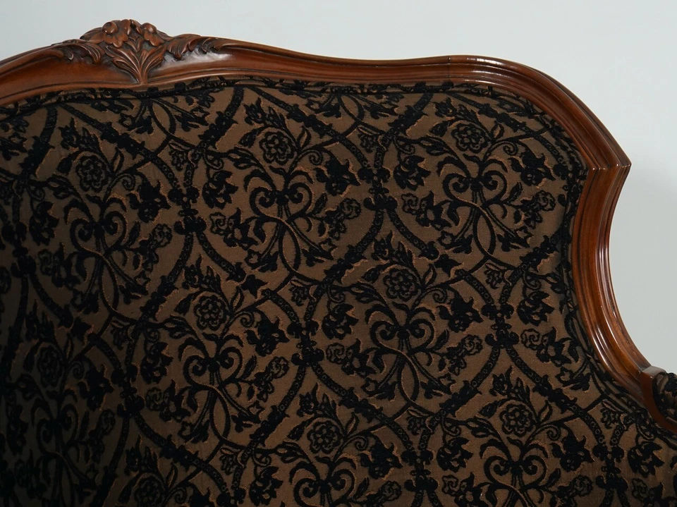 French Bergere Louis Lounge Arm Chair Mahogany Black Damask - Image 4 of 4