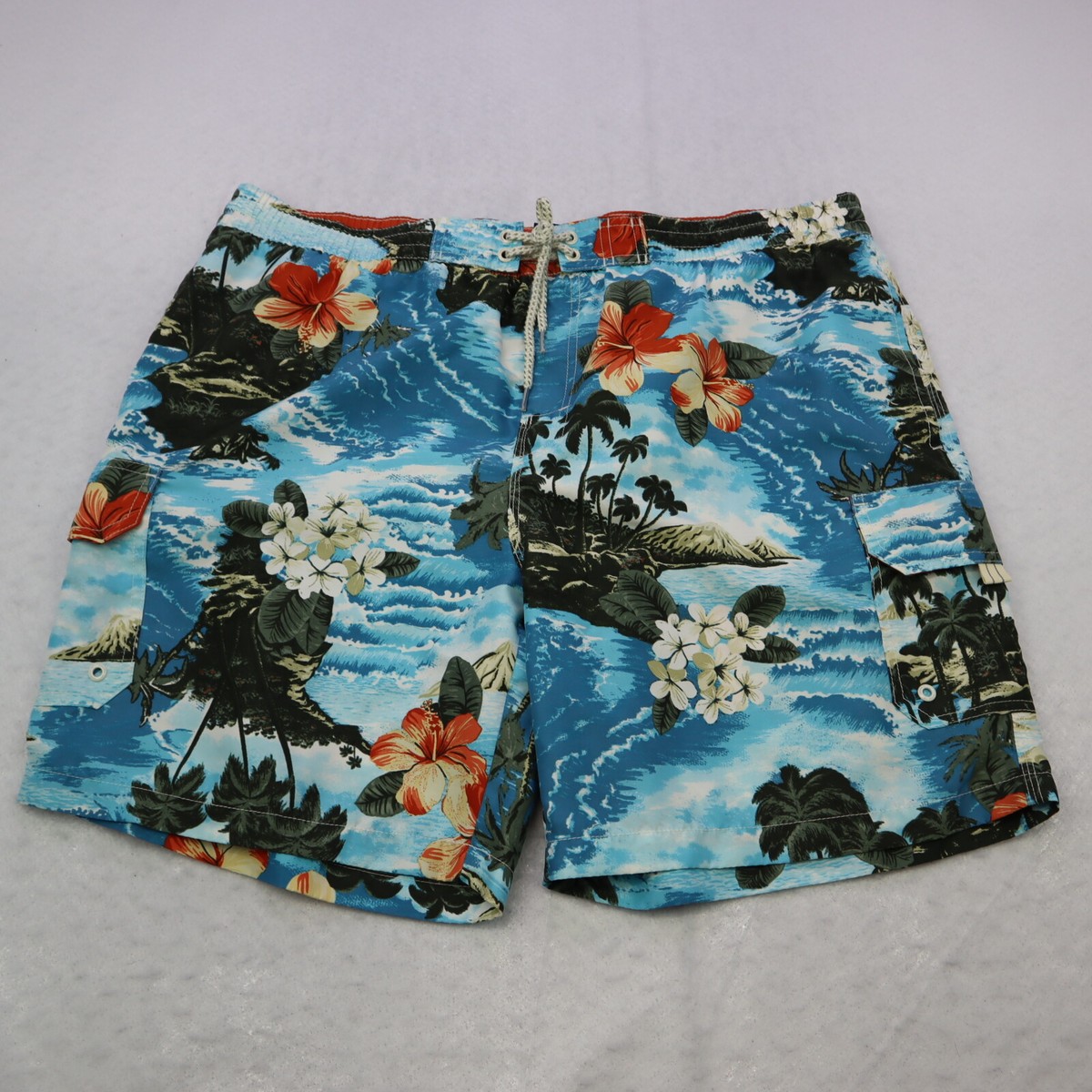 Caribbean Joe Island Supply Co. Swim Shorts Mens XL Tropical Island Print Blue