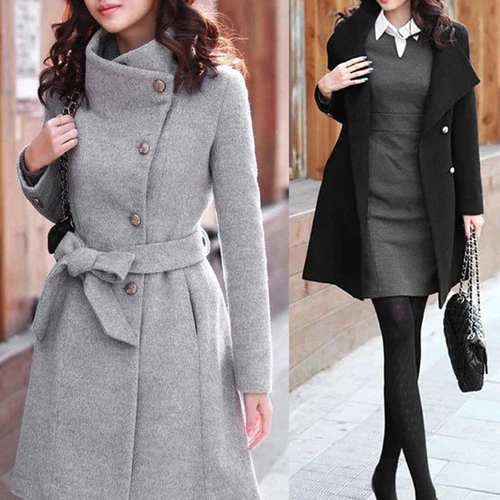 Winter warmer Damen Wolle schmales Revers langer Mantel Trench Parka Jacke Mantel Oberbekleidung - Bild 2 von 7