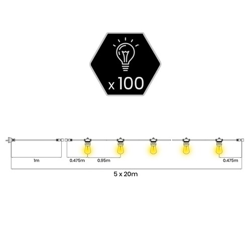 Groverdi 100M LED Festoon String Lights Outdoor Connectable Cafe Patio Lamp NEW - Picture 2 of 10