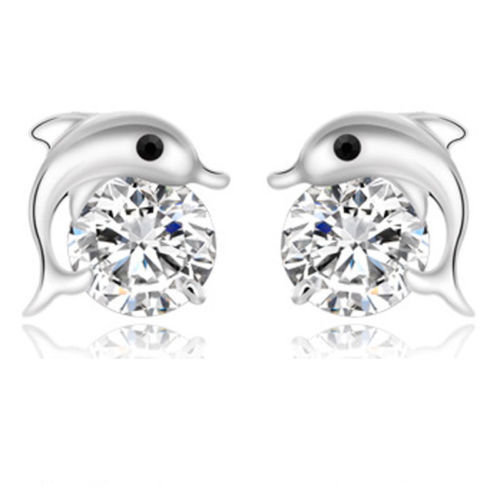 Cute New Silver Twin Dolphin w/ Clear Crystal Pendant Necklace & Earrings Set~ - Picture 5 of 5