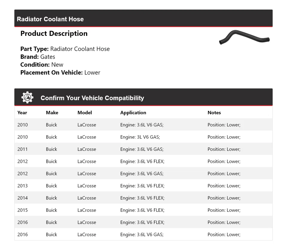 Manguera de refrigerante para radiador Buick LaCrosse 2010-2016 puertas inferiores 2011 2012 2013 Foto 2 de 4
