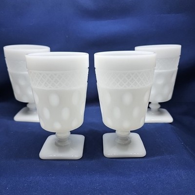 Set Of 4 McKee Opal Milk Glass Thumbprint Goblets 5.5  White Glass Vintage