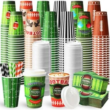 48 Sets Footballs 16oz Paper Coffee Cups with Sleeves, Lids and Straws Dispos...