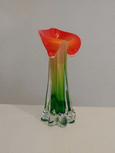 Murano Green/White Hand Blown Calla Lily Art Glass Vase