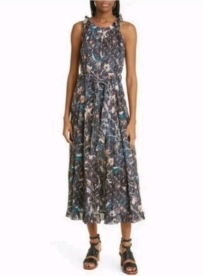 Ulla Johnson Mariam Midi Dress Floral Batik Jet Navy Blue Halter Size 4 Flowy