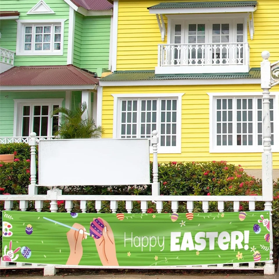 Banner de Pascua Decoración Verde 300x50cm Feliz Pascua Gran Banner Happy Easter Party... Foto 3 de 4