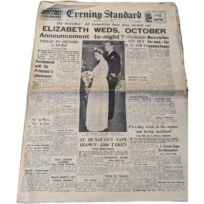 Evening Standard 1947 Queen Elizabeth Hochzeitsankündigung Zeitung