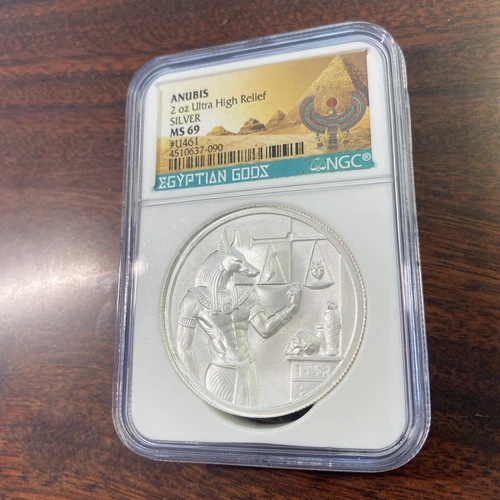 ANUBIS - EGYPTIAN GODS 2 OZ SILVER ROUND HIGH RELIEF  NGC MS 69