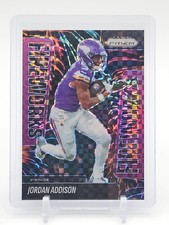 JORDAN ADDISON 2025 PRIZM FIREWORKS PURPLE POWER /49 #8 VIKINGS FOOTBALL Q3178