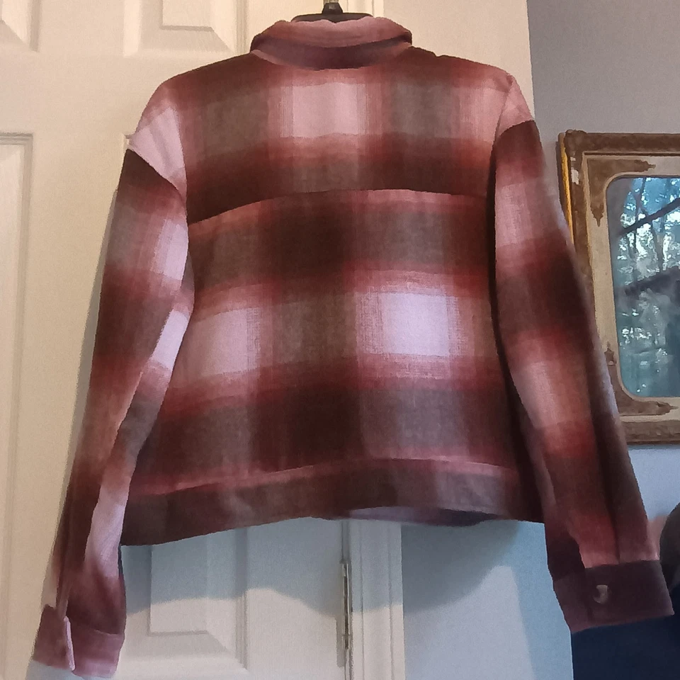Sonoma L Cropped Shacket Jacket Plaid Flannel Wool Feel Red Pink Brown Button - Image 3 of 4