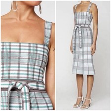 Scanlan Theodore Crepe Knit Dress Sz S Plaid Bralette Belt Midi Old Money Green