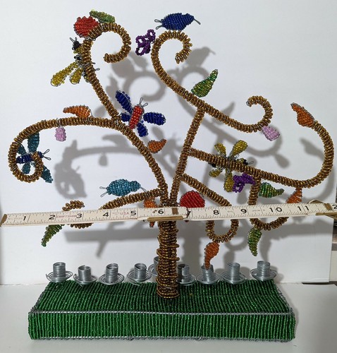 Bougeoir menorah arbre de vie africain perlé main fait main art populaire unique - Photo 4/11