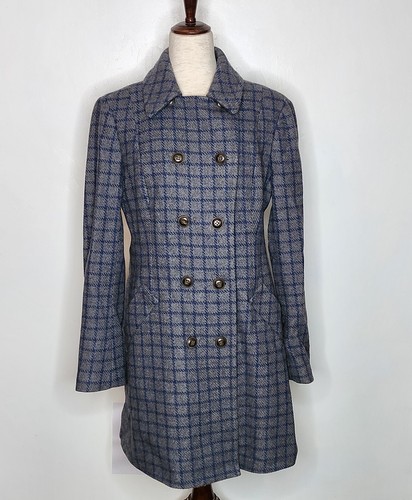 Fossil Grey & Blue Wool Blend Double Breasted Winter Pea Coat Women's Large - Picture 2 of 11
