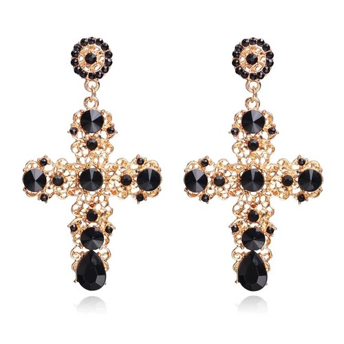 Black Cross Earrings Dangle Drop Gold Tone Long Fashion Baroque Bohemian Style - Picture 4 of 6
