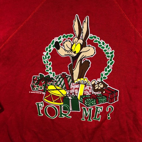 vintage Wile E. Coyote sweatshirts adults L red Christmas 1989 warner bros USA - Picture 6 of 13