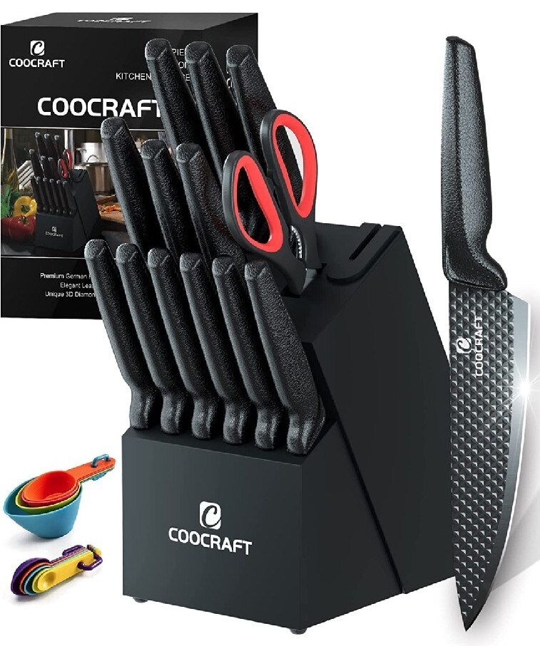Knife Set Block for Kitchen with Built In Sharpener, Leather Pattern Handle-image
