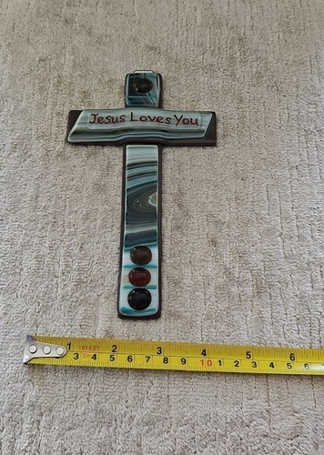 Fused Glass Cross "Jesus Loves You " Wall Hanging Handcrafted New - Imagen 5 de 5