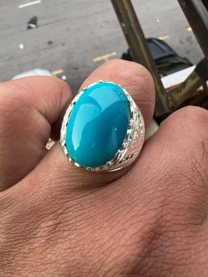 Anillo de oro blanco sólido de 18 k con piedras preciosas turquesa natural de 6,5 quilates para hombre #2222 Foto 2 de 4