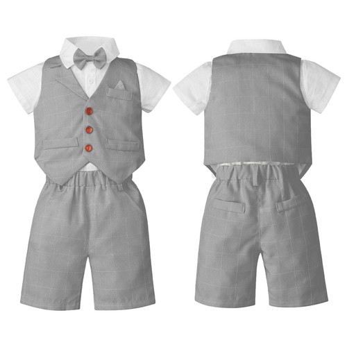 Baby Boys Gentleman Suits Formal Bow Tie Shirt + Shorts + Vest for Wedding Party - Picture 8 of 51