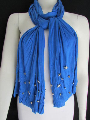 NEW WOMEN SOFT FABRIC FASHION BLUE SCARF LONG NECKLACE SILVER METAL STARS STUDS