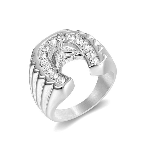 CZ Inlay Lucky Horseshoe Ring Stainless Steel Men's Retro Biker Horse Head Ring - Picture 8 of 9