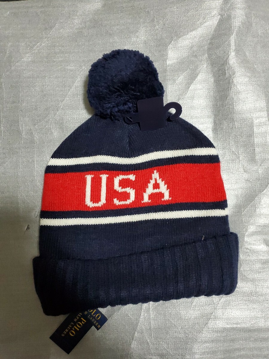 Polo RALPH LAUREN Red White Blue Polo USA Cuffed POM Knit Beanie