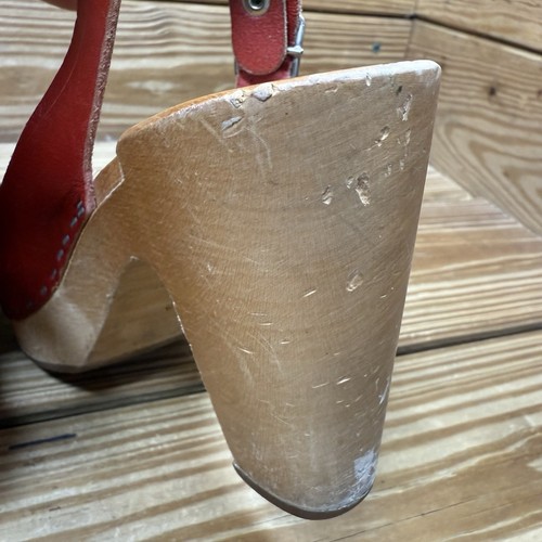 Sweedish Hasbeens 36 US 6 Toffel Wood Clog Heels Red Leather Peep Toe Shoes - Picture 6 of 9