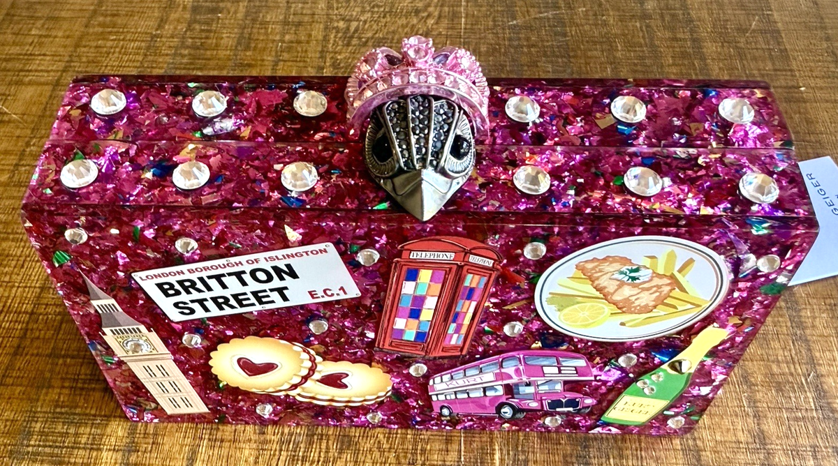 Kurt Geiger London Box Clutch Pink Acrylic Glitter British Icons