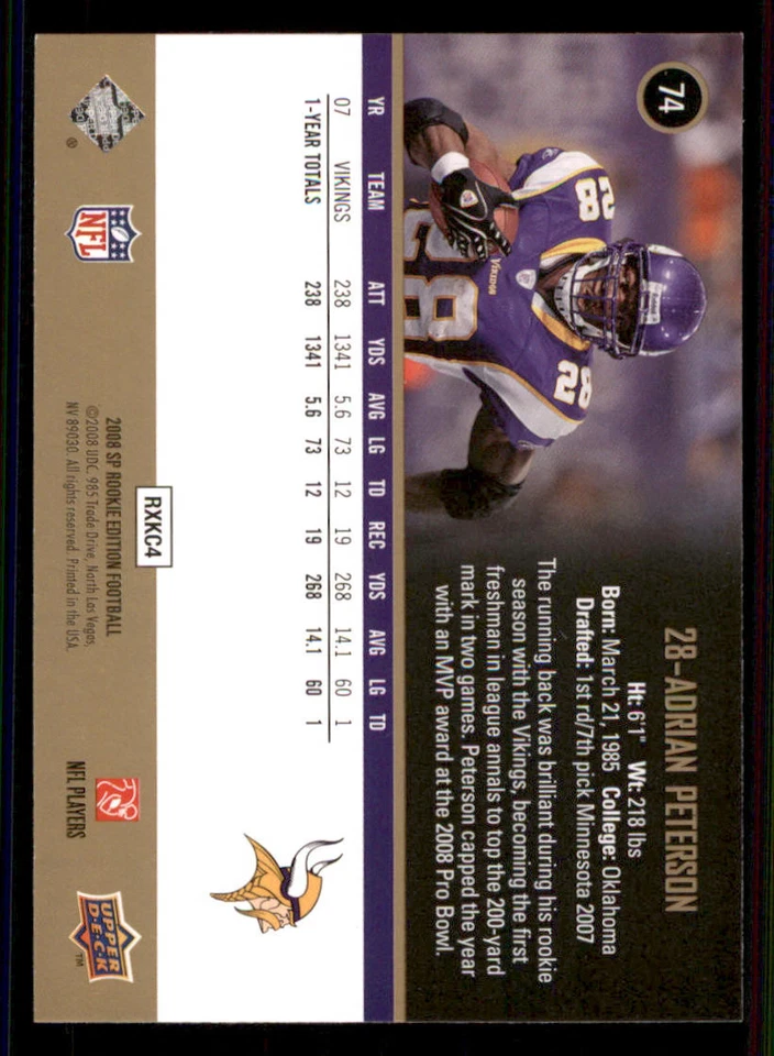 2008 SP Rookie Edition #74 Adrian Peterson - Image 2 of 2