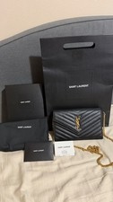 YSL Classic Cassandre Chain Wallet In Grain De Poudre Leather Clutch Black/Paris